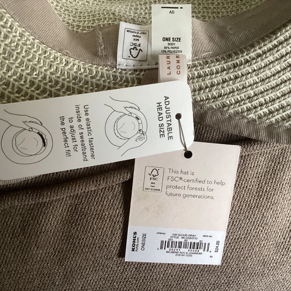 NWT Lauren Conrad Gray straw summer, gray straw hat with adjustable band and bow